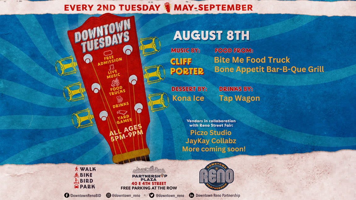 Downtown Tuesdays informational graphic for their August 8th event.