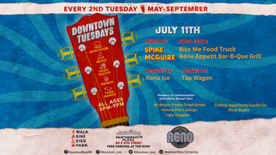 Downtown Tuesdays informational graphic for their July 11th event.