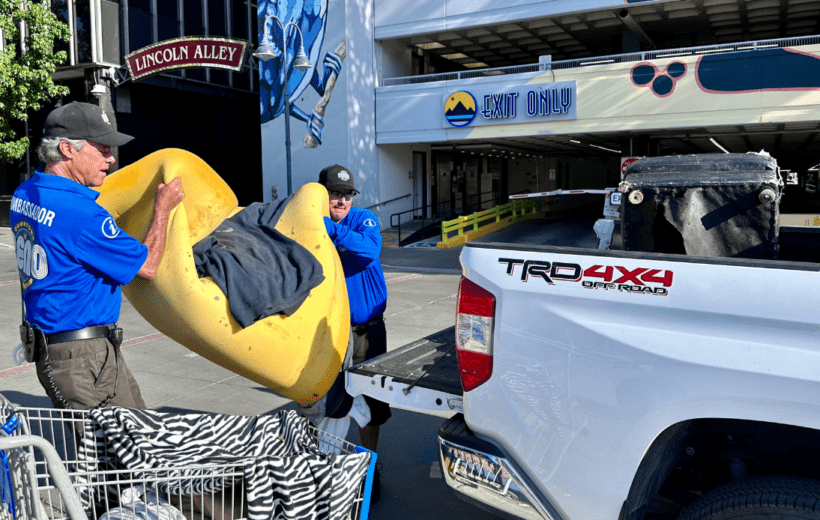 New tools help the Downtown Reno Partnership take downtown cleaning to a new level. Ambassadors working together to remove litter and place it into their truck.