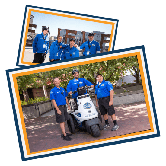 Behind: Group of Ambassadors standing in front of the Believe art installment. Front: Three ambassadors posing together in the Partnership Plaza, with one ambassaor in the middle on a segway. Both photos are placed in a blue, white, and gold frame.